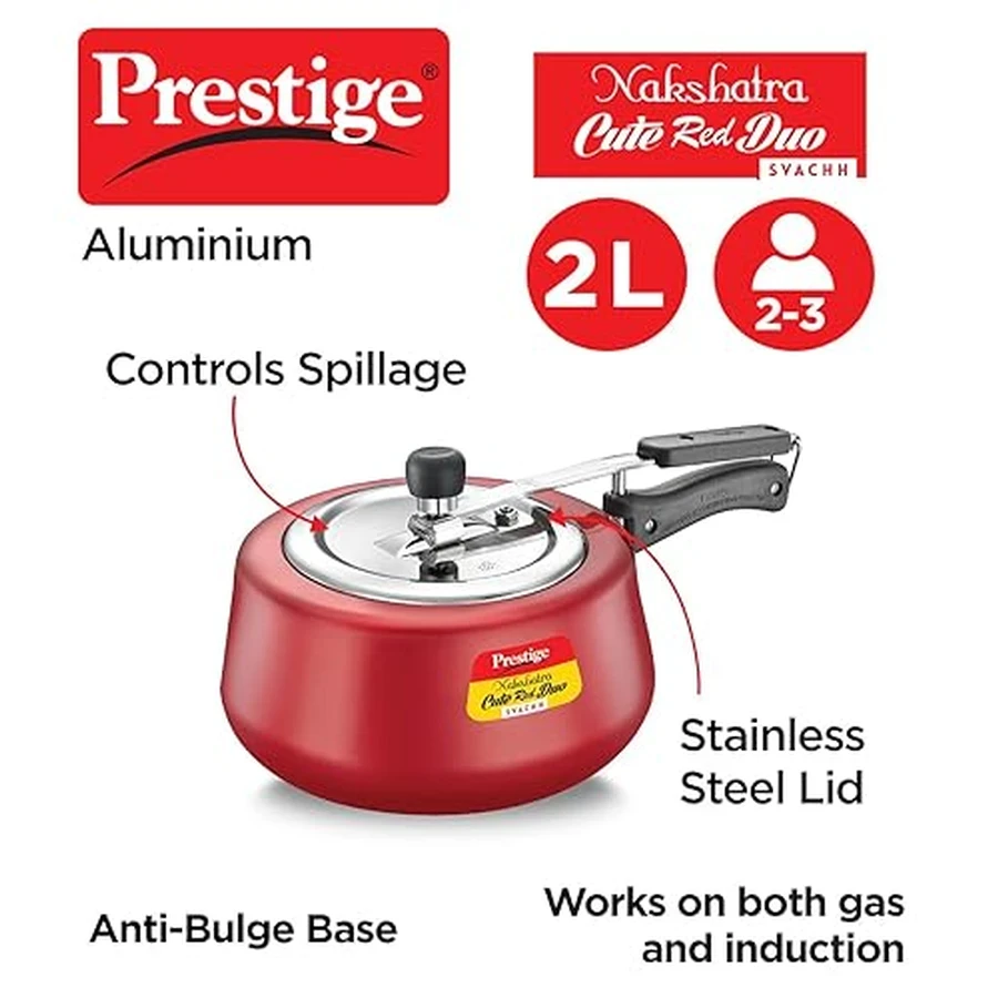 Prestige 10764 Nakshatra Svachh Cute Metalic Red Duo 2 LTRS | Deep Dish Spillage Control Lid | Induction & Gas Base | Metallic Red