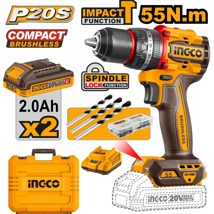 Compact Brushless Cordless Impact Drill | CIDLI20558 | 20V Max | 55Nm Professional Kit