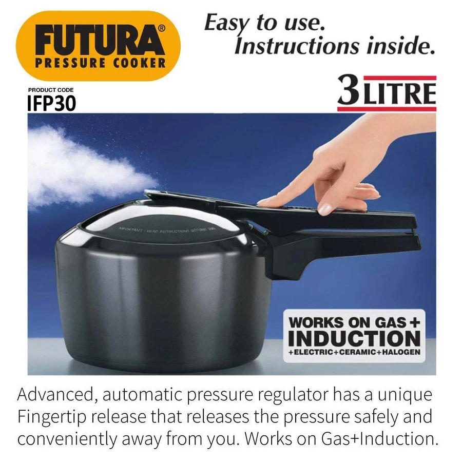 Hawkins FP30 3L Hard Anodised Futura Pressure Cooker | 6.35mm Induction Base | Fingertip Steam Release | Black