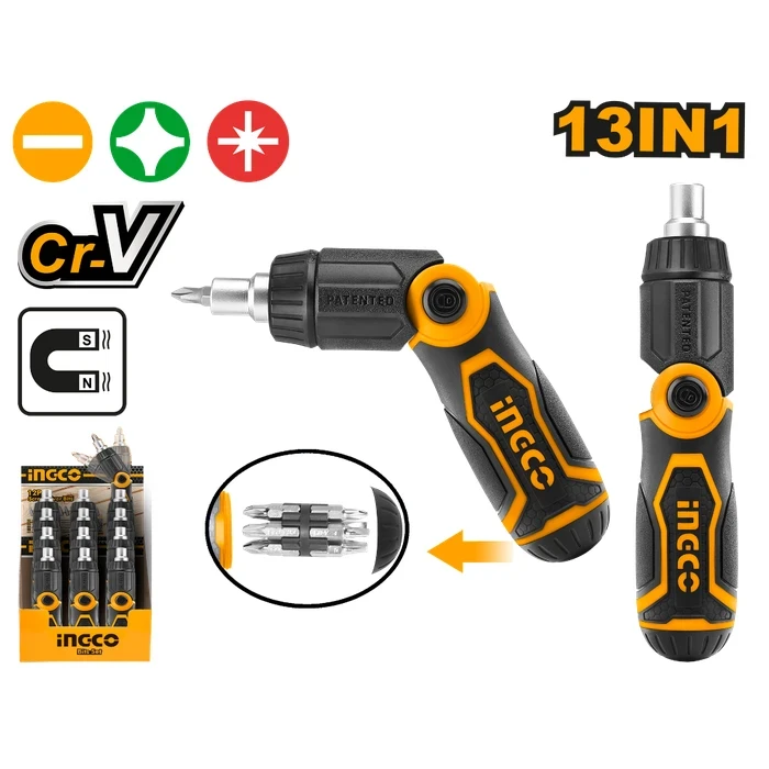 INGCO AKISD1208 13-In-1 Folding Ratchet Screwdriver Set | Premium Hardened Cr-V Multi-Bits | Straight & Pistol Grip Dual-Position Handle with Internal Storage