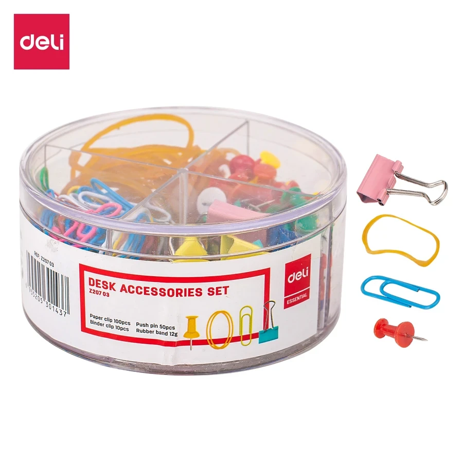 Deli 4-in-1 Office Stationery Set EZ20703 - Includes 50 Push Pins, 10 Binder Clips, 100 Paper Clips & 40 Rubber Bands in a Handy Storage Pot