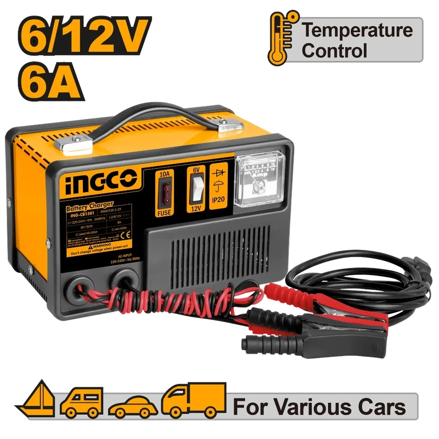 INGCO 6V/12V Heavy-Duty Battery Charger | 6A Output | CB1501