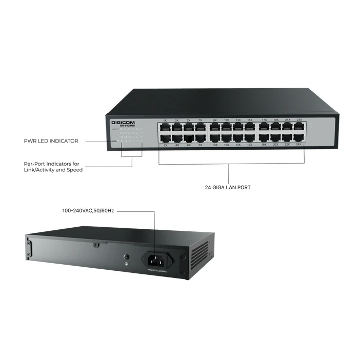 Digicom DG-5124GS 24 Port 1U Rack Mount Gigabit Switch | Non-Blocking Wire-Speed Logic | Steel Case & Internal Power System | 24 Ports