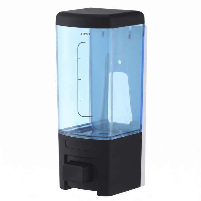 Toyo Wall-Mounted Manual Liquid Soap Dispenser with Matte Black & Transparent Blue Finish & 450ml Capacity | TOYO-1632