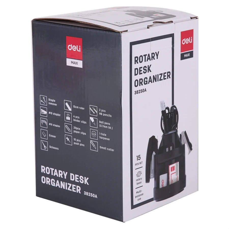 Deli Compact Rotary Desk Organizer Set E38250A - 5 Compartments, Includes 14 Stationery Accessories, Black