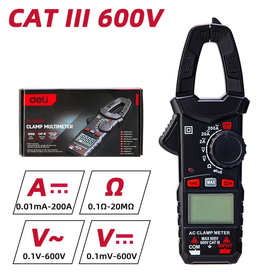 Deli EDL334201 Digital Clamp Multimeter - 3 5/6 CAT III 600V, Auto Ranging, 25mm Clamp Size, Measures AC/DC Voltage, AC Current, Resistance, with Backlight and Data Hold (RED)