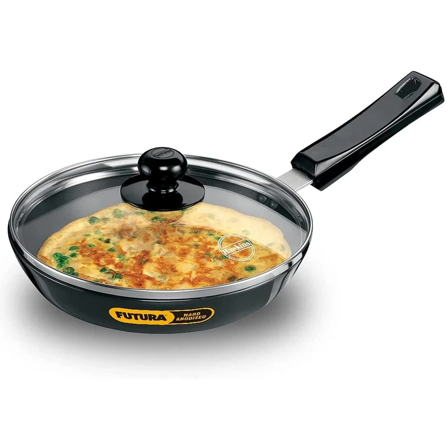 Hawkins AF22G 22cm Hard Anodised Frying Pan | 4.06mm Extra Thick | Toughened Glass Lid | Metal Spoon Friendly | Black