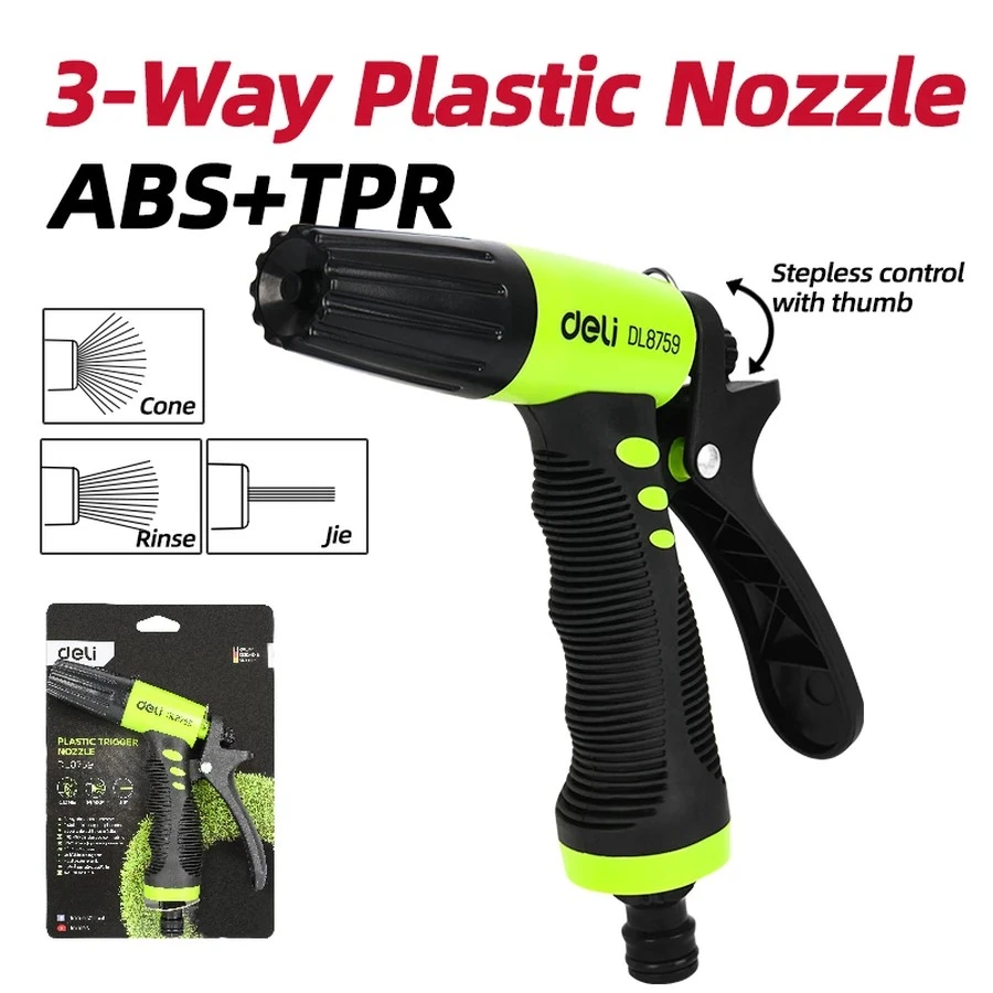 EDL8759 Garden Spray Nozzle - 3-Way Plastic Nozzle, High-Impact ABS Body, TPR Soft Grip, Fits Standard 3/4" Tool Adaptor (Green)