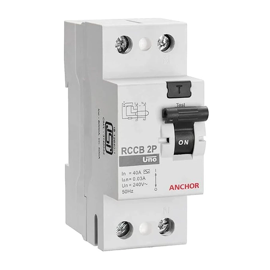 Anchor 98207 40 Amp DP UNO RCCB - Double Pole, 30 mA High Sensitivity Earth Leakage Protection, Standard Circuit Breaker Type, Screw Mount