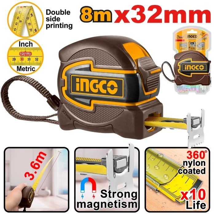 INGCO Professional 8m x 32mm Nylon-Coated Steel Measuring Tape with Double-Sided Scale & Magnetic Hook | HSMT80832