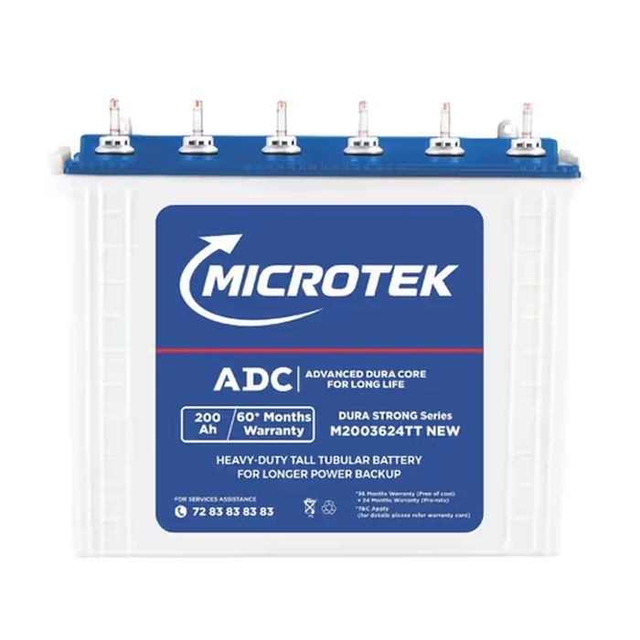 Microtek 12V 200Ah Heavy Duty Dura Strong Tall Tubular Inverter Battery | Dura Core Technology Low Antimony Power Cell with Water Level Indicators | M2003624TT