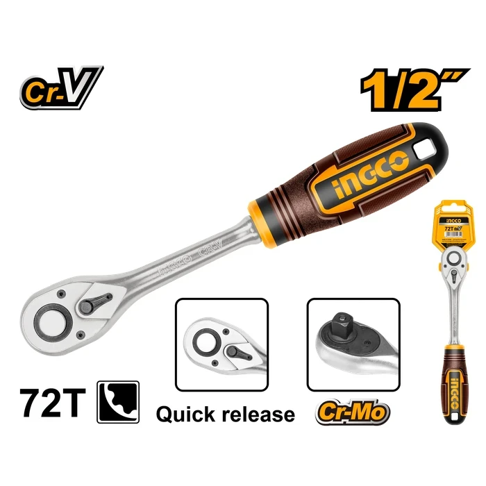 INGCO 1/2" Professional 45-Teeth Heavy-Duty Reversible Ratchet Wrench | High-Torque Forged Cr-V & CrMo Steel Socket Drive Tool with Heat Treatment & 255mm Length | HRTH0812