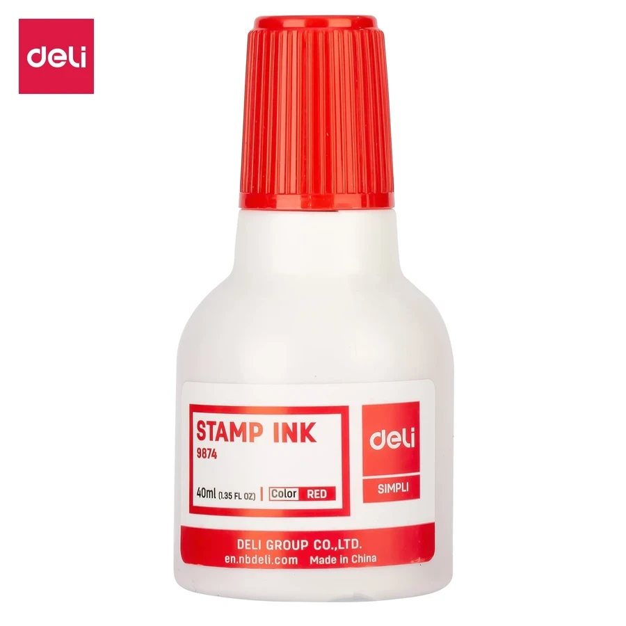 DELI Fast Dry Stamp Ink E9874 - 40 ML Capacity, Red Color, High-Quality Refill Ink in Poly Bottle for Office Use