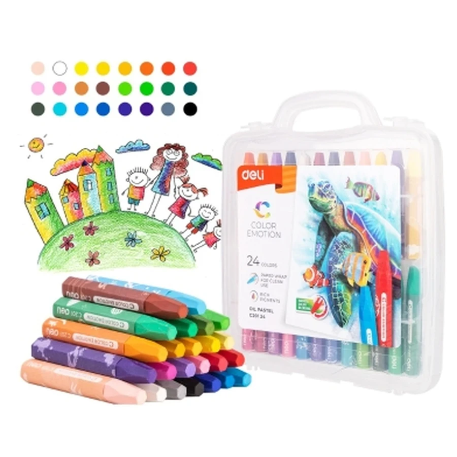 Deli Color Emotion Oil Pastel Set - 24 Rich Pigment Colors, Smooth Performance, and Non-Toxic Formula with Paper Wrap for Clean Use EC20124