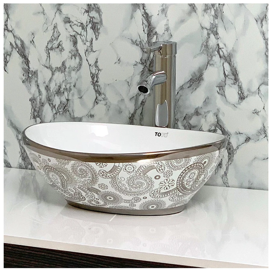 Toyo Poppy 192 Wash Basin - White & Silver Dual-Tone Finish (410 x 330 mm, 17x13 Inch)