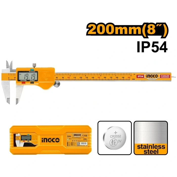 INGCO 0-200mm / 8" Professional Digital Vernier Caliper | Heavy-Duty 0.01mm High-Precision Measuring Gage with IP54 Protection & 3V Battery | HDCD28200