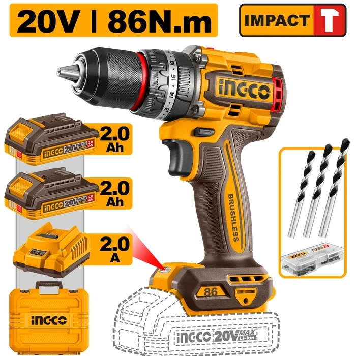 INGCO 20V Professional Brushless Cordless Impact Drill Kit | Heavy-Duty 86Nm Torque 30000bpm Hammer Drill with 13mm Metal Chuck, 2x 2.0Ah Batteries & Accessories | CIDLI208687