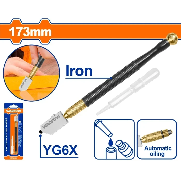 Wadfow Heavy-Duty Iron Body Glass Cutter | Industrial Glazier Scribe with 5000m Extended Cutting Length & 1 Pcs Lubricant Oil Suction Pipe | WGR2601