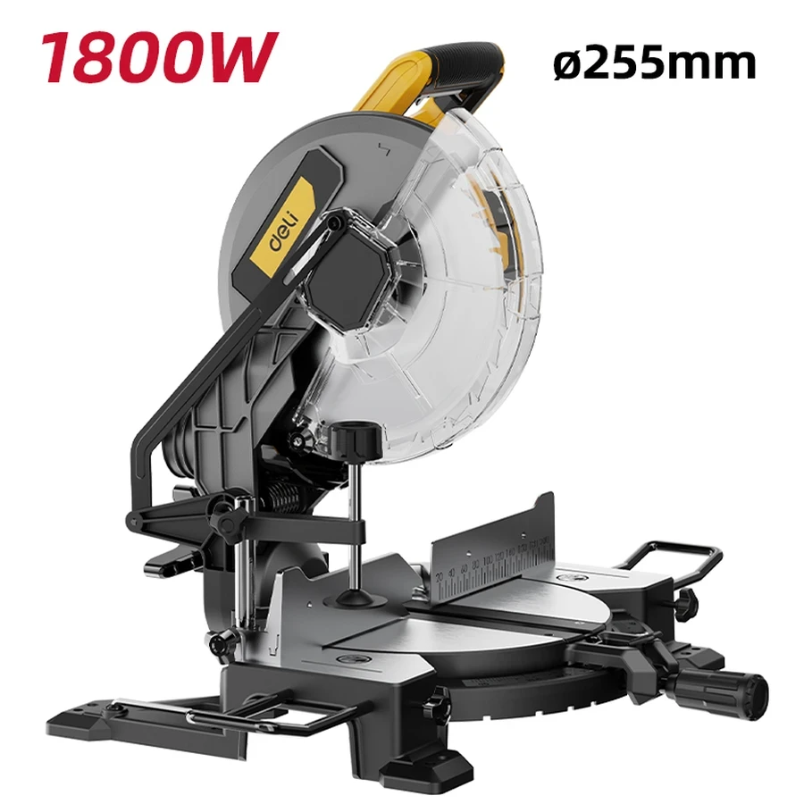 EDC574 Miter Saw 1800W - 255mm (10") Blade, 5000 RPM, 45° Miter & Bevel Cuts, Non-Slip Base for Wood and Aluminum (Yellow)