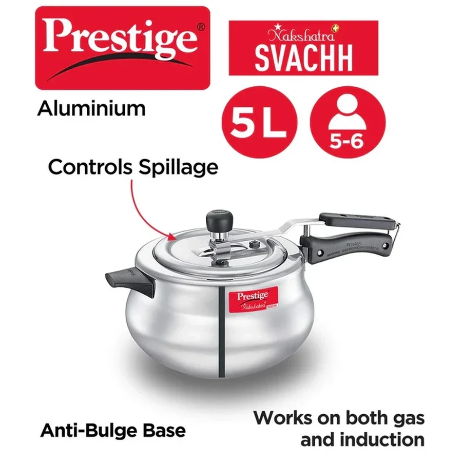 Prestige 10757 Nakshatra Plus Svachh Handi | 5 LTRS | High-Grade Aluminium | Deep Svachh Spillage Control Lid, Metallic Safety Plug, Gas & Induction Compatible