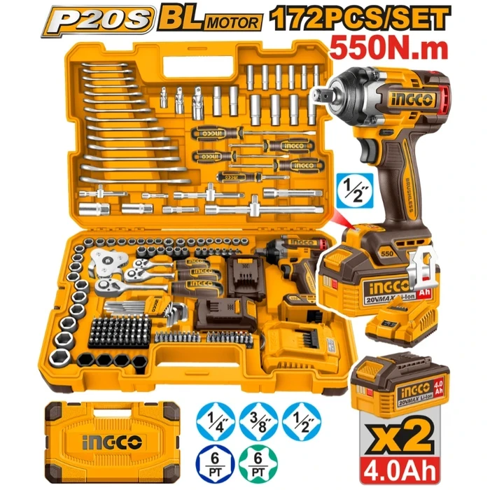 INGCO 172 Pcs 20V Cordless 1/2" Impact Wrench Combo Set | 700Nm Breakaway Brushless Tool with Dual 4.0Ah Batteries, 1/4" & 3/8" & 1/2" Sockets, Ratchets, Spanners, and Oil Filter Wrench Mechanic Maste