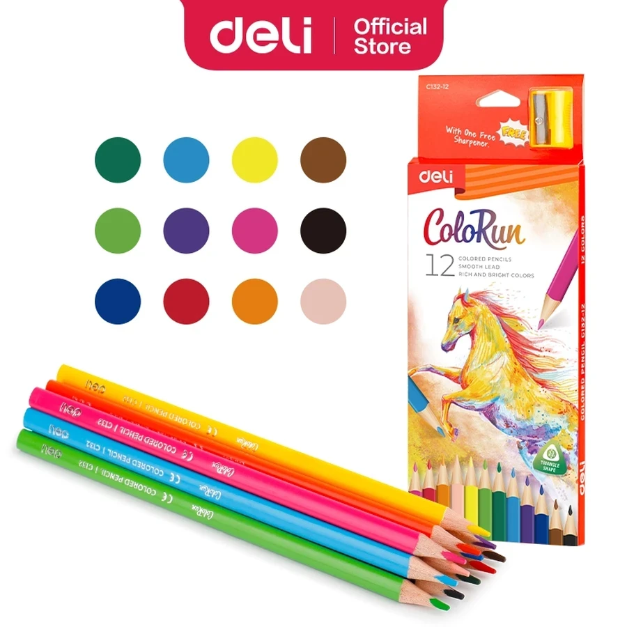 Deli Colored Pencil Set - 12 Colors EC132-12, Essential Art Supplies for School and Home