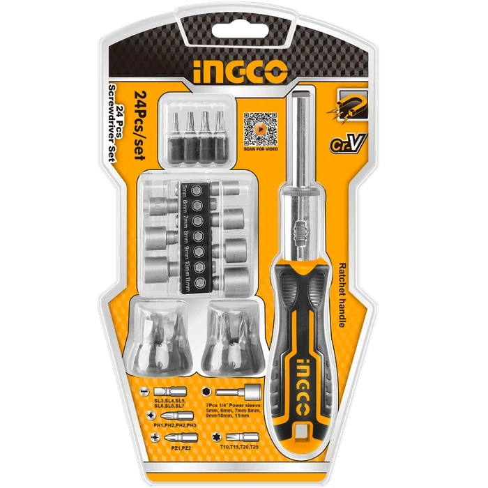 INGCO HKSDB0248 24-Piece Ratchet Screwdriver & Nut Driver Set | Hardened Cr-V Steel Bits & 1/4" Metric Power Sleeves | Multi-Directional Ergonomic Selector Handle