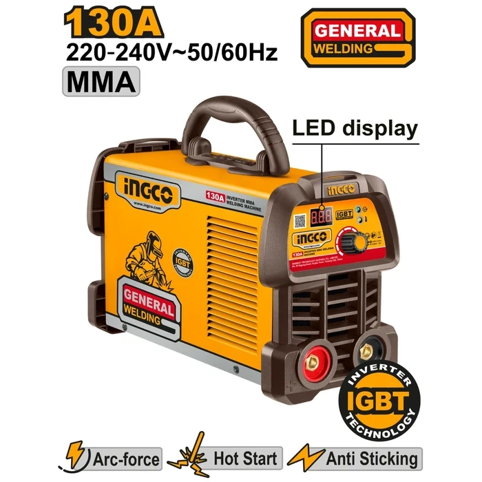 INGCO 130A IGBT Inverter MMA Stick Welding Machine | 220-240V Portable Arc Welder with 45% High Duty Cycle, LED Display, Hot Start, Holder, Earth Clamp, Brush & Helmet | ING-MMA13059