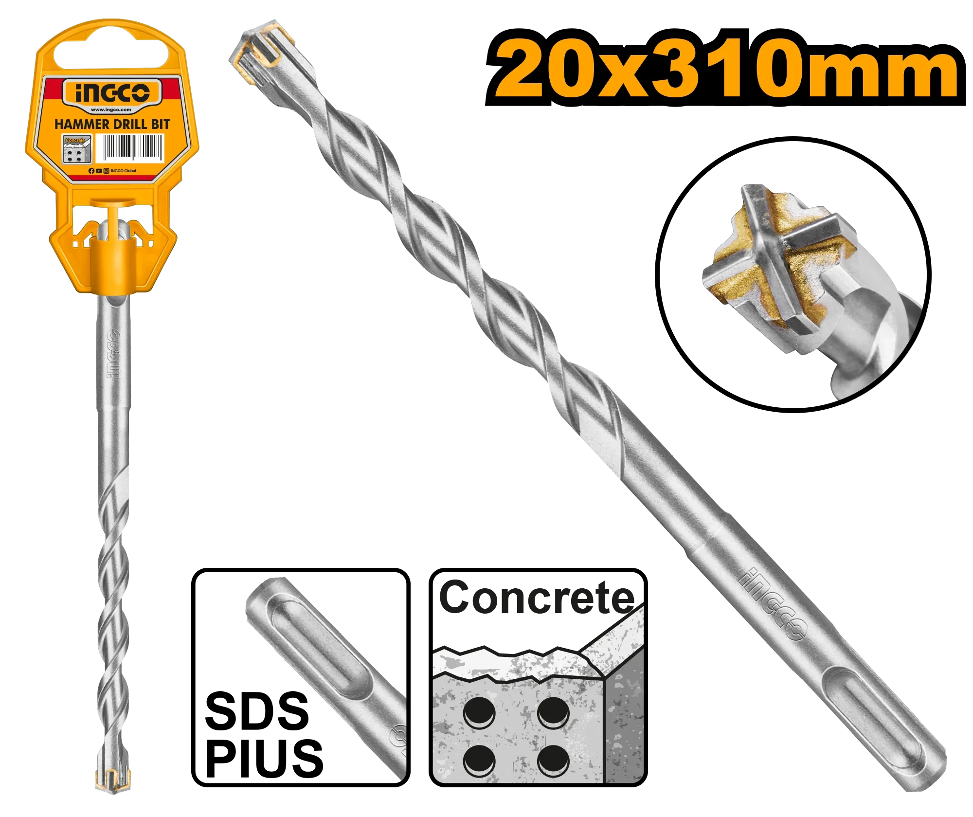 SDS Plus Hammer Drill Bit | DBH1212003C | 20mm x 310mm Deep-Reach Cross Carbide