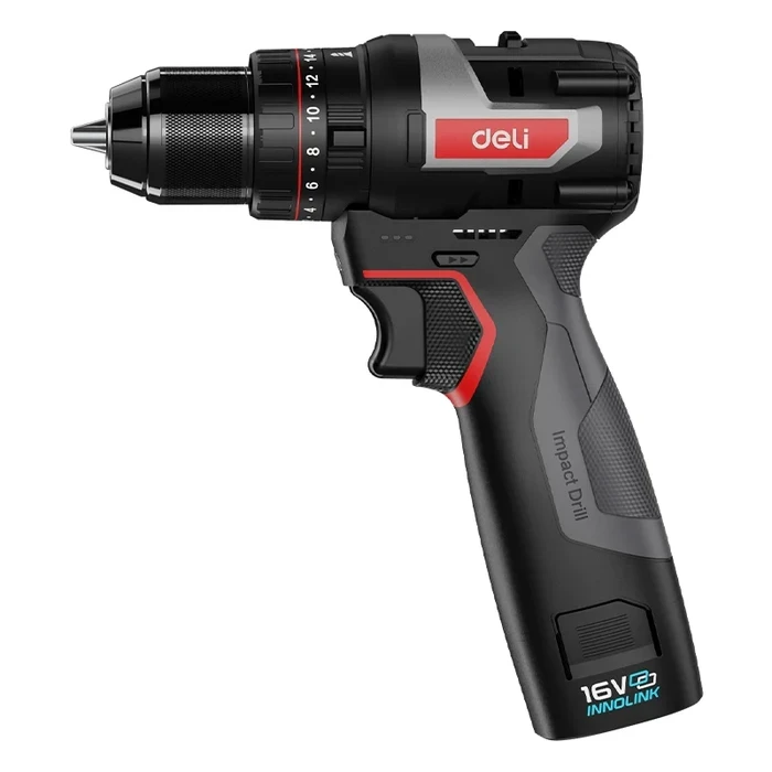 Deli Tools EDE-CZ16-1D2 16V Brushless Cordless Impact Drill Set | 45Nm High Torque 2-Speed Hammer Driver with 10mm Keyless Chuck & 2x 2.0Ah Batteries