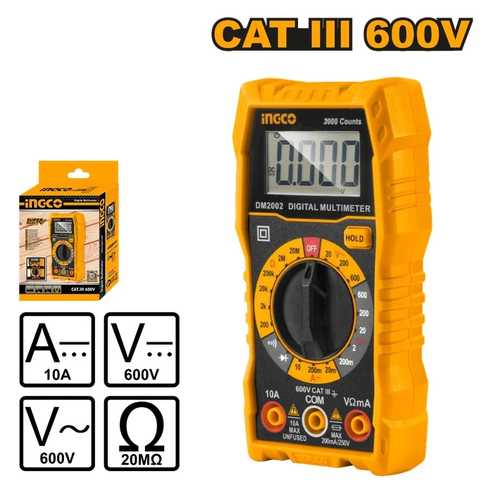 INGCO Professional Manual-Ranging Digital Multimeter with 2000 Counts LCD Display | 600V AC/DC Voltage & 10A DC Current Electrical Tester with 20MΩ Resistance | DM2002