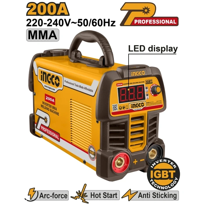 INGCO 200A IGBT Inverter MMA Stick Welding Machine | 220-240V Portable Arc Welder with 60% High Duty Cycle, LED Display, Hot Start, Holder, Earth Clamp, Brush & Helmet | ING-MMA20069
