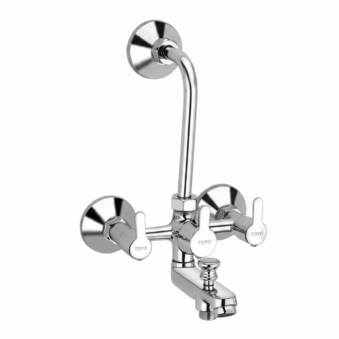 TOYO 3 in 1 Wall Mixer | Premium Solid Brass Chrome Multi-Outlet Shower System with Long Bend Pipe, Hand Shower Provision, Connecting Legs & Wall Flanges | TOYO-SA-52211