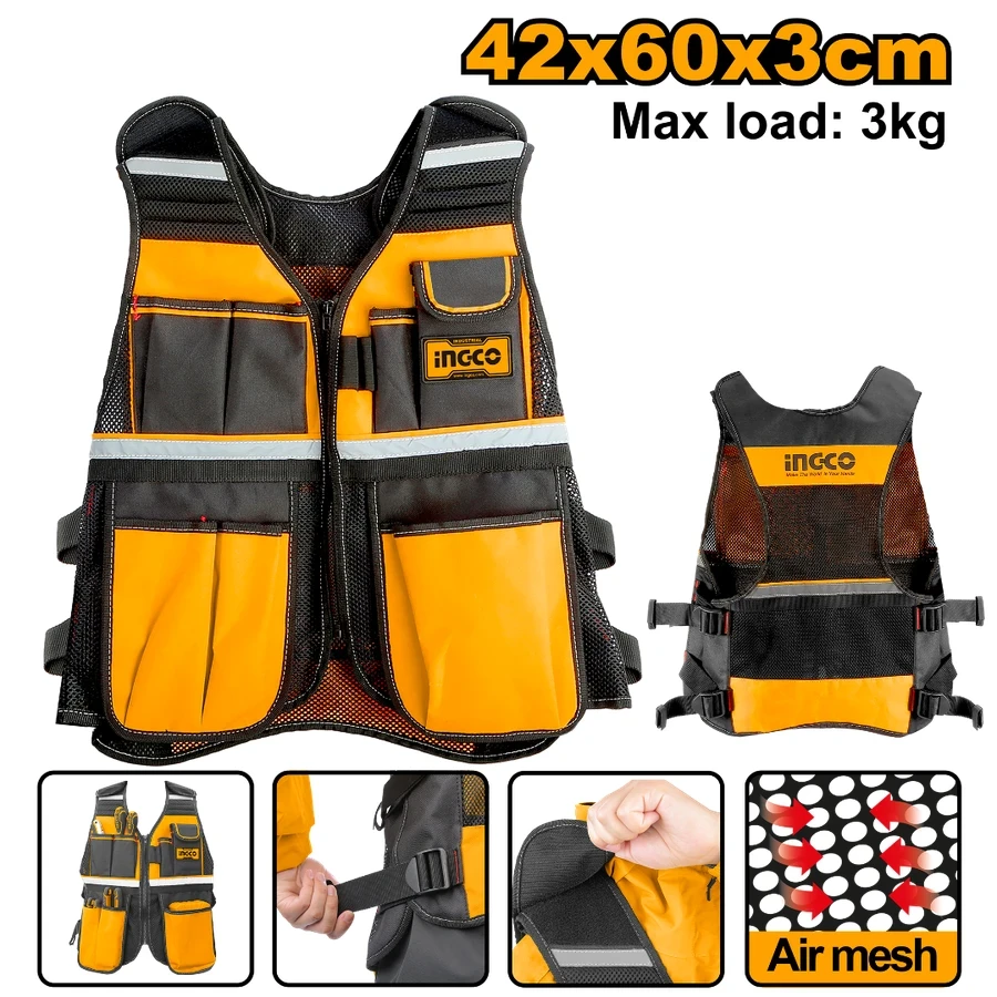 INGCO Adjustable Multi-Pocket Tool Vest | Air Mesh Design | HTVT0901
