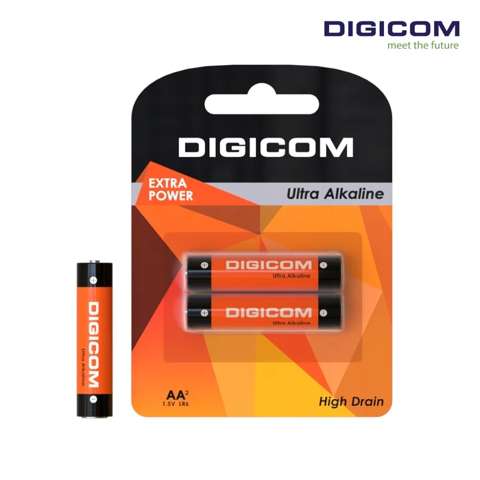 Digicom AA Alkaline Batteries LR6-2B | Ultra Long Lasting Power Logic | Leak Proof & Premium High-Drain Energy System | 2 Pcs Blister
