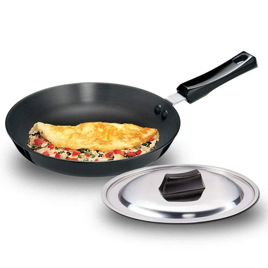 Hawkins AF25S 25cm Hard Anodised Frying Pan | 4.06mm Extra Thick | Stainless Steel Lid | Metal Spoon Friendly | Black