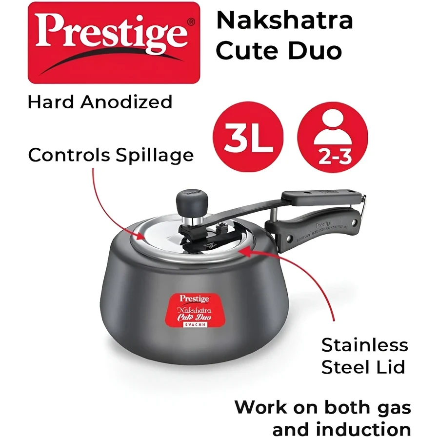 Prestige 20260 Nakshatra Svachh Cute HA Duo Pressure Cooker | 3 Litres | Hard Anodized Handi Shape | Unique Deep Lid | Gas & Induction Compatible
