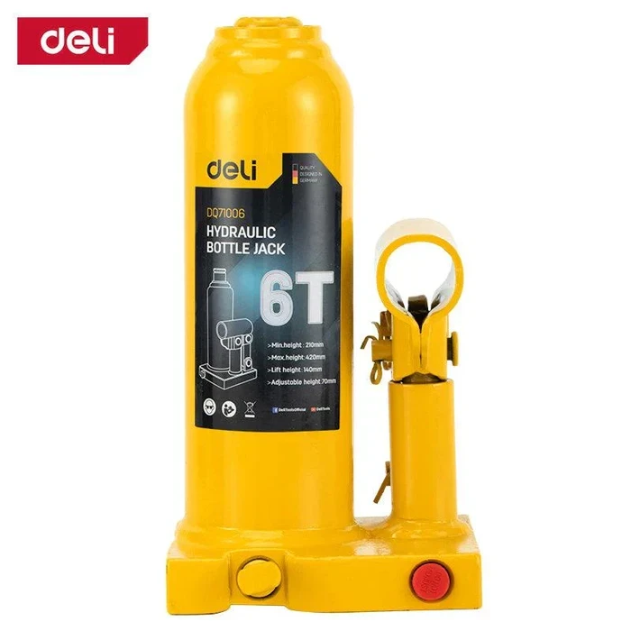 Deli Tools EDQ71006 6-Ton Hydraulic Bottle Jack | Heavy-Duty Welded Steel Auto Lift with Safety Valve & 210mm - 420mm Height Range