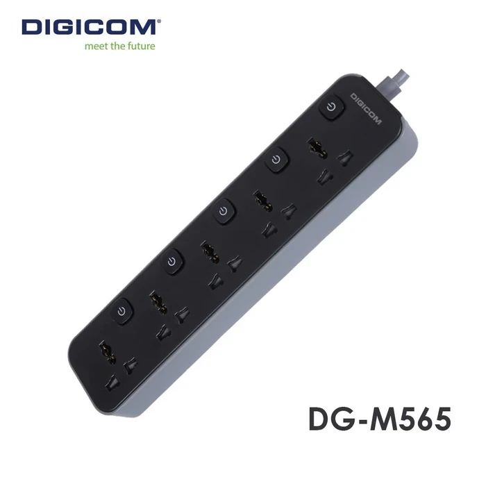 Digicom DG-M565 5 Port Universal Extension Socket | 2500W High Power Loading Logic | Individual Power Switches & Child Safety Shutter | 2 Mtr. Cable