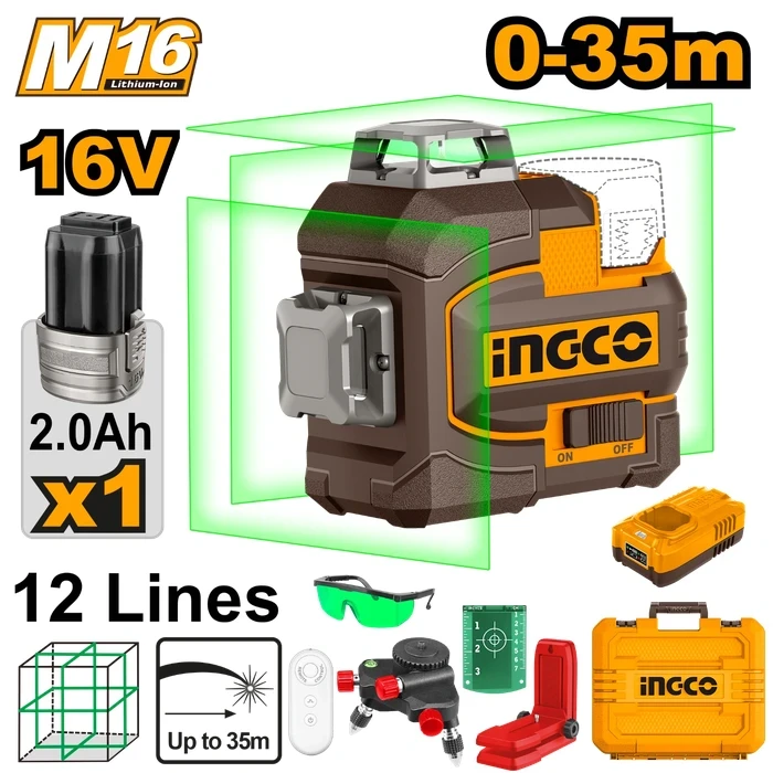 INGCO 16V Cordless 3D Green Laser Level Kit | 35m Working Range 3 x 360° Horizontal & Vertical Lines | Self-Levelling Accuracy ±1.5mm@7m with Magnetic Stand & Remote | HLL301201