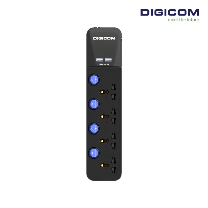 Digicom DG-S40 4 Port Universal Sockets & 2 USB Ports | 15A High Current Logic | Individual Switches & Nanosecond Surge Protection | 2 Mtr. Cable