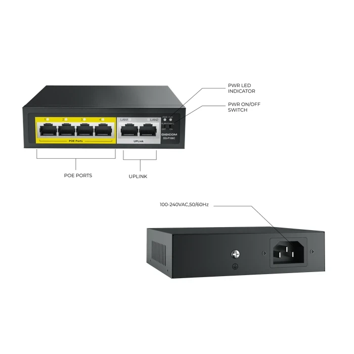 Digicom DG-P106C 6 Port POE Switch | 4 POE + 2 Uplink Logic | IEEE 802.3af/at High Performance System | 6 Ports