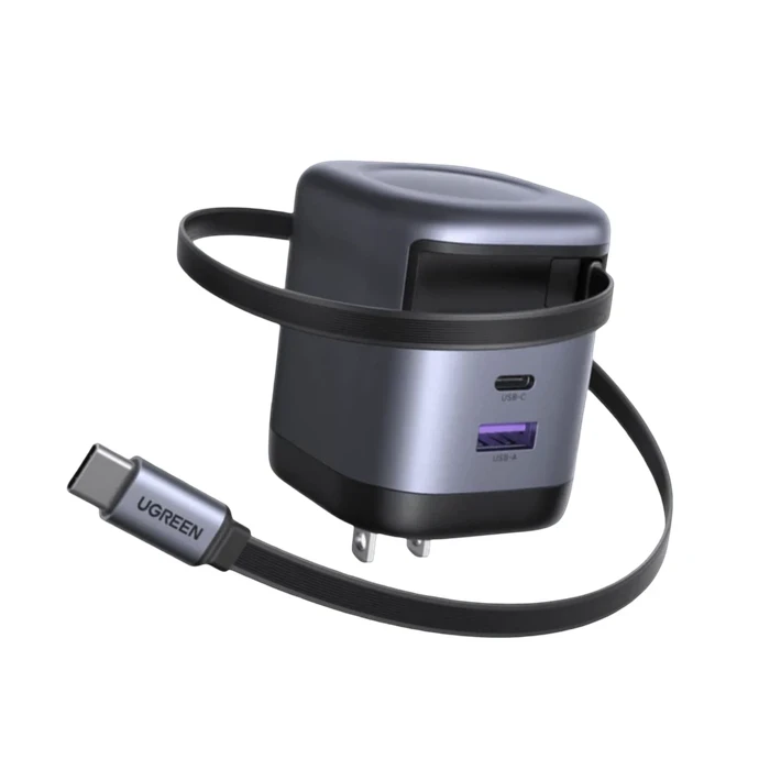 UGREEN 65W 3-Port GaN Fast Charger with Built-in 0.7M Retractable USB-C Cable | 65W PD 3.0, PPS & UFCS Multi-Device Wall Charger (2x USB-C & 1x USB-A) | UGREEN GaN Series
