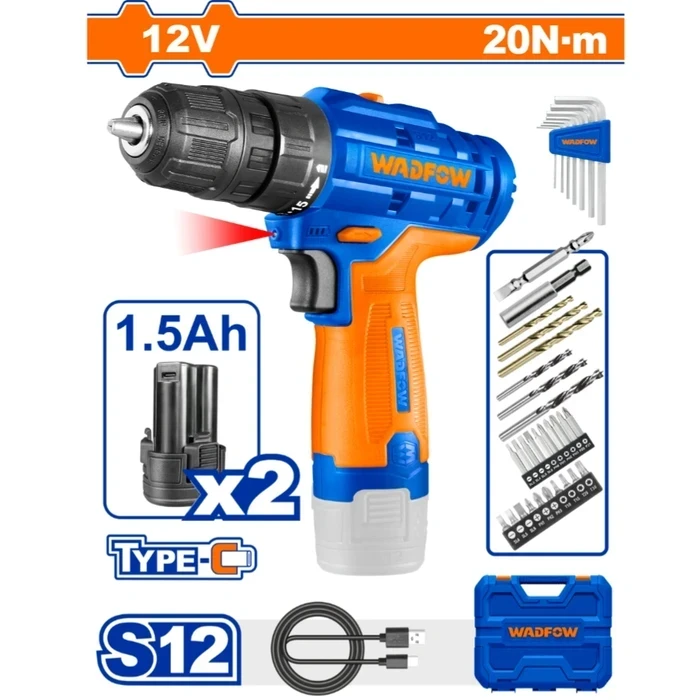 Wadfow 12V Compact Cordless Drill Driver Set with 2x 1.5Ah Type-C Batteries | 20Nm Torque 10mm Chuck 35-Pcs Accessory Kit for Wood & Metal | WCDS525