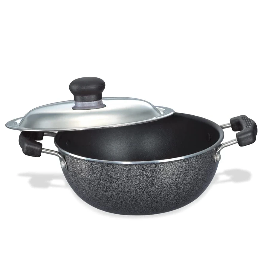 Prestige 30728 Omega Select Plus Flat Base Kadai 270mm | 3.5 Litre | Unique Impact Bottom | Non-Stick Aluminium | SS Lid | Black