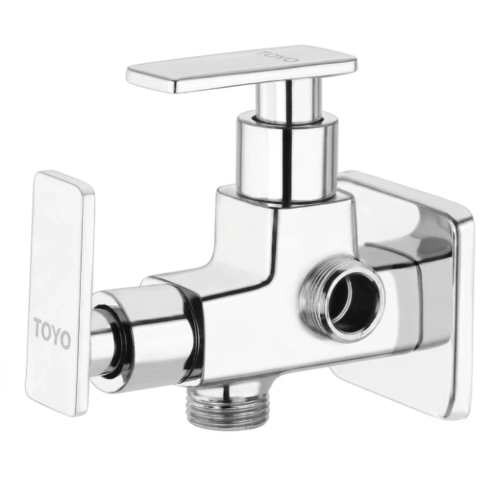 Toyo 2-Way Angle Valve with Double Brass Handles & Matching Wall Flange | Dual Outlet Solid Brass Utility Shut-Off Valve | AQ-51905