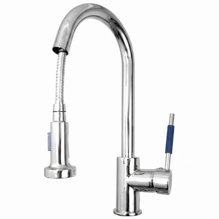 Toyo Chrome Pull-Out Single Lever Table-Mounted Kitchen Sink Mixer with Extended Swinging Spout & 600mm Braided Hoses | TOYO-1027