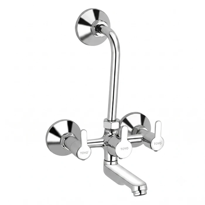 TOYO 2 in 1 Wall Mixer | Premium Solid Brass Chrome Dual Outlet Shower System with Long Bend Pipe, Connecting Brass Legs & Wall Flanges | TOYO-SA-52210