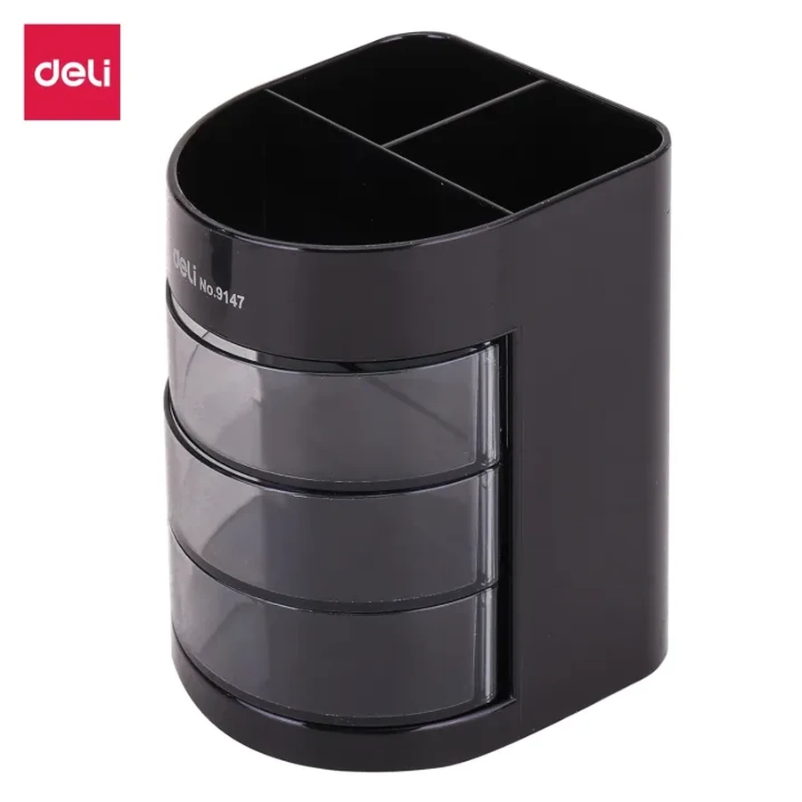 Deli Desk Organizer / Pen Holder E9147 - 3 Compartments, 3 Drawers, Durable GPPS Plastic, Black (86x86x103mm)