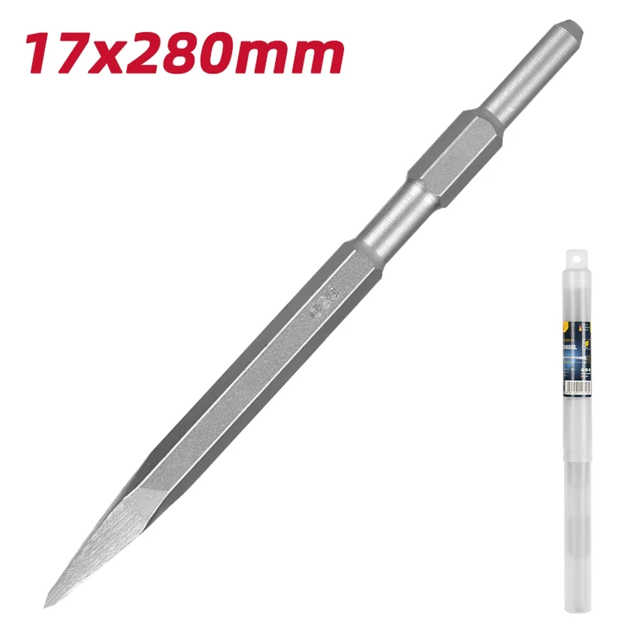 EDH-HJZ017-E1 Professional Hex Shank Pointed Chisel 17x280mm - High-Strength 40Cr Steel, Ideal for Heavy-Duty Concrete, Brick, and Stone Demolition (SILVER)